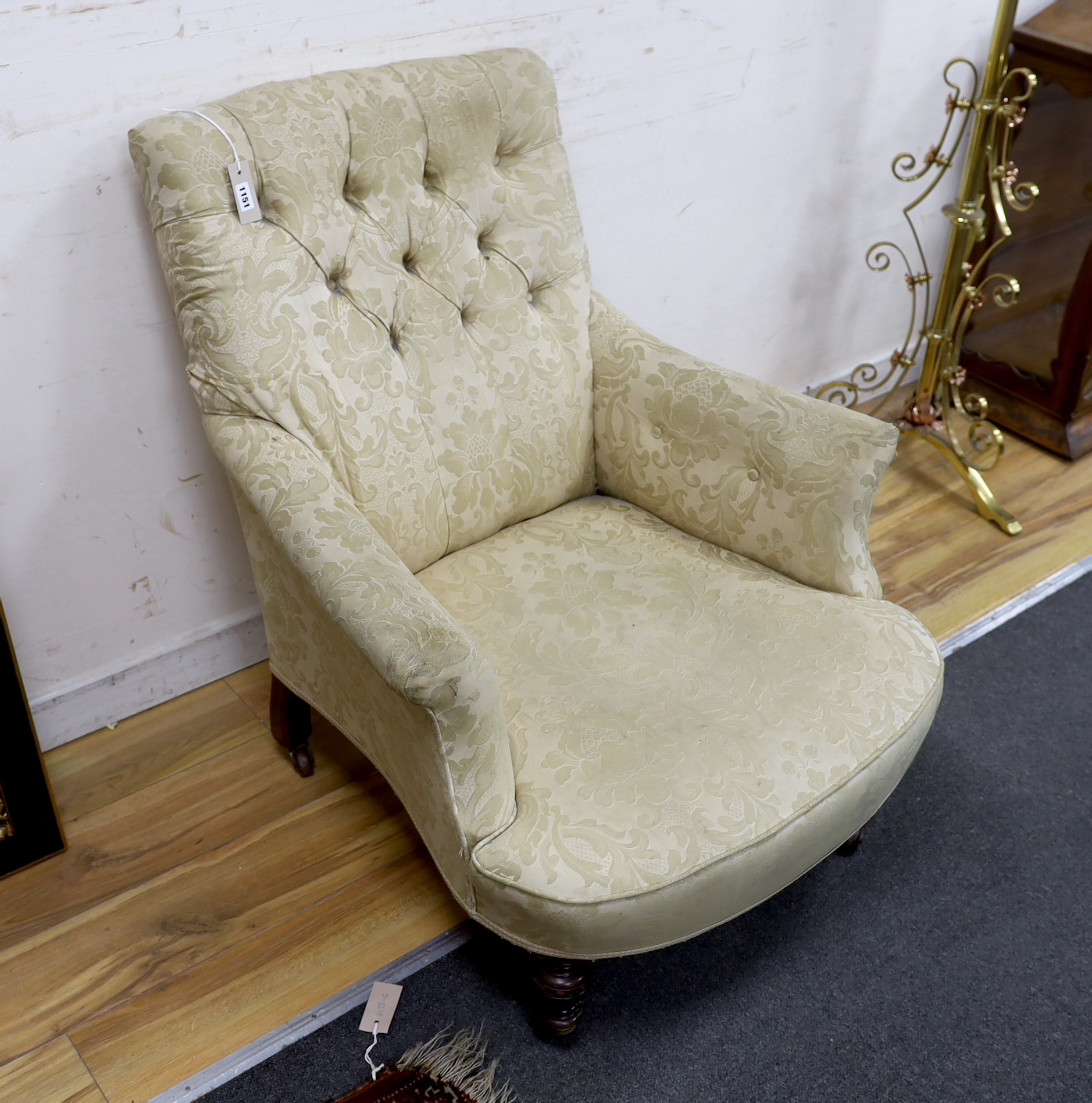 A Victorian button back armchair, width 79cm, depth 78cm, height 90cm